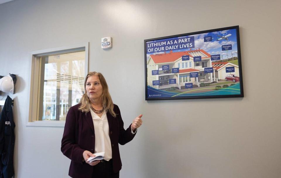 Ellen Lenny-Pessagno, Global Vice President for External Affairs and Sustainability for Albemarle, talks about a graphic showing how lithium is used at Albemarle’s Kings Mountain lithium mine site in Kings Mountain, N.C., on Tuesday, December 5, 2023.