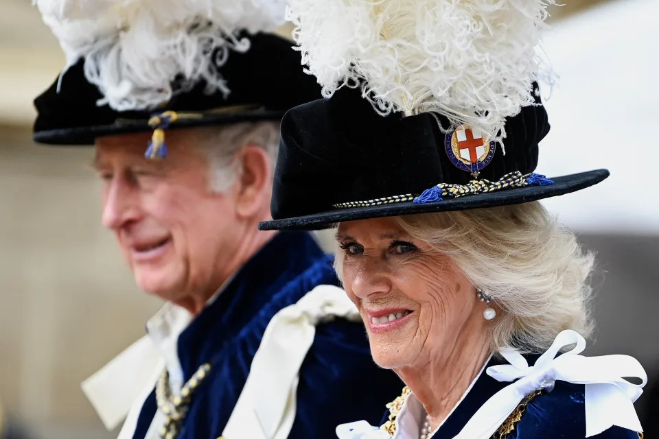 WINDSOR, ENGLAND - JUNE 13: Prince Charles, Prince of Wales and Camilla, Duchess of Cornwall, attend the Order of the Garter Service at St George's Chapel on June 13, 2022 in Windsor, England. (Photo by Toby Melville - WPA Pool/Getty Images)