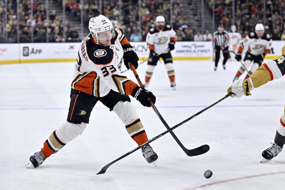 Anaheim Ducks right wing Jakob Silfverberg (33) shoots the puck against the Vegas Golden Knights during the first period of an NHL hockey game Thursday, April 18, 2024, in Las Vegas. (AP Photo/David Becker)