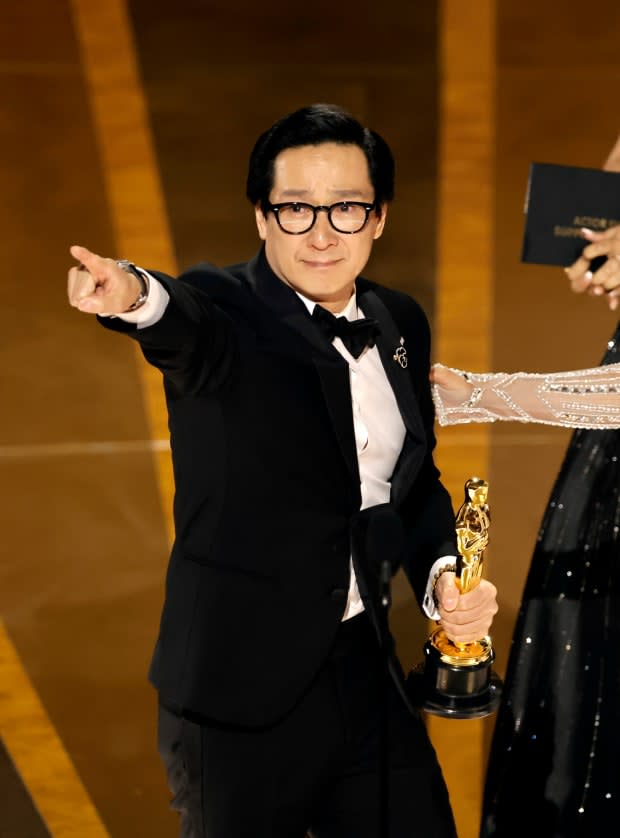 Ke Huy Quan accepts the Best Supporting Actor award "Everything Everywhere All at Once" onstage during the 95th Annual Academy Awards at Dolby Theatre on March 12, 2023, in Hollywood.<p><a href="https://www.gettyimages.com/detail/1473080209" rel="nofollow noopener" target="_blank" data-ylk="slk:Kevin Winter/Getty Images;elm:context_link;itc:0;sec:content-canvas" class="link ">Kevin Winter/Getty Images</a></p>