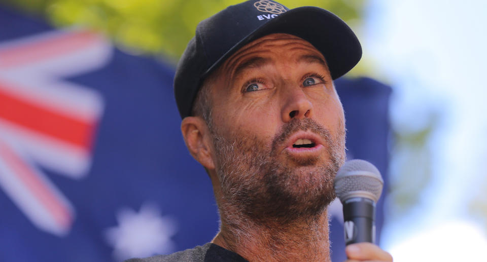 Celebrity Chef Pete Evans speaks during an anti-vaccination rally in Sydney on February 20, 2021. Source: AAP