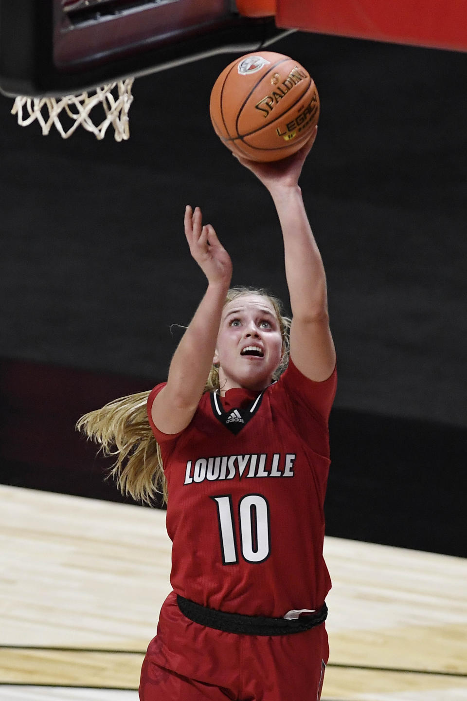 Louisville's Hailey Van Lith shoots during the first half of the team's NCAA college basketball game against Louisville, Friday, Dec. 4, 2020, in Uncasville, Conn. (AP Photo/Jessica Hill)