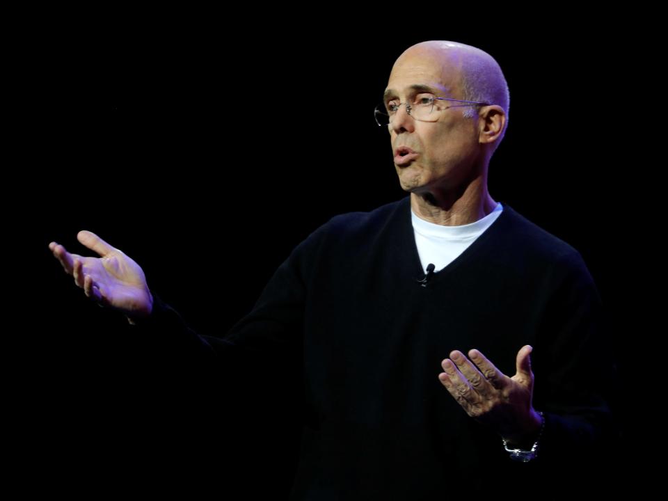 FILE PHOTO: Quibi founder Jeffrey Katzenberg speaks during a Quibi keynote address at the 2020 CES in Las Vegas, Nevada, U.S.,  January 8, 2020. REUTERS/Steve Marcus