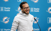 Miami Dolphins head coach Mike McDaniel speaks with the media before NFL football practice at Baptist Health Training Complex in Hard Rock Stadium on Wednesday, Oct. 5, 2022 in Miami Gardens, Fla. (David Santiago/Miami Herald via AP)