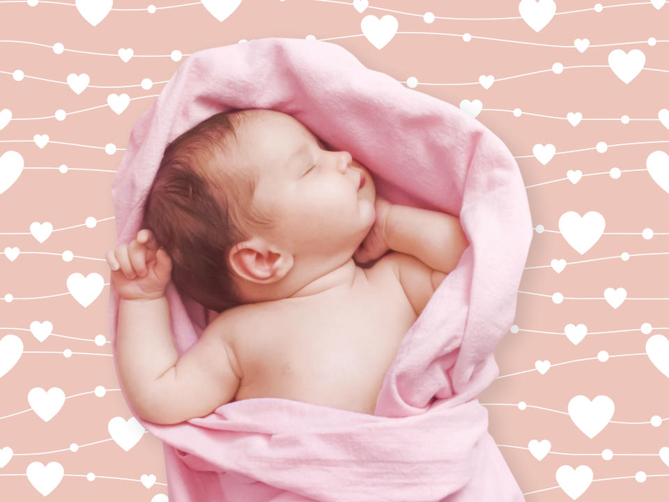 Baby Girl Names That Mean Love - Credit: Baby: svetlanasmirnova/Adobe Stock; Heart background: sunshinys/Adobe Stock.