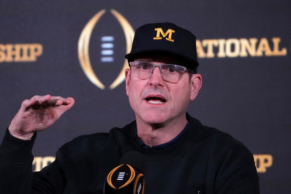 Jan 9, 2024; Houston, TX, USA; Michigan Wolverines coach Jim Harbaugh during College Football National Championship press conference at JW Marriot Houston by the Galleria. Mandatory Credit: Kirby Lee-USA TODAY Sports