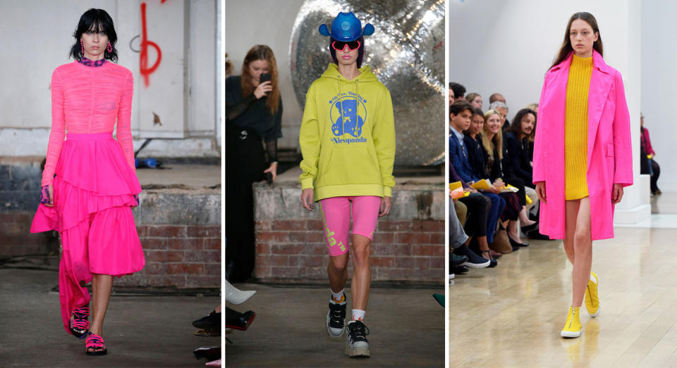 <p>Neon is undoubtedly the marmite of the fashion world but whether you like it or not, it’s not going anywhere <em>just</em> yet. Over at Nicopanda, models took on two trends in one thanks to hot pink biker shorts while Jasper Conran’s collection is sure to win over the most hesitant of critics. <em>[Photo: Getty]</em> </p>