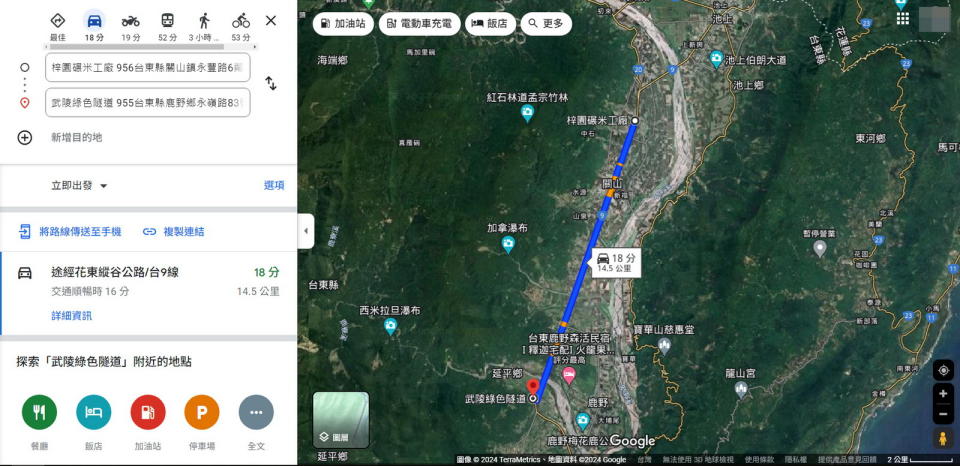 圖／全台灣最長、最直的路段，就在台9線沿著花東縱谷，北自台東關山鎮329K的德高開始、終至鹿野鄉343.5K武陵，從Google Map可見全長14.5公里路程筆直寬敞、幾乎沒有轉彎。