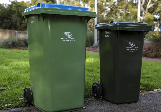 Mornington Peninsula residents will have their recycling bins (pictured left) inspected randomly by council. Source: Mornington Peninsula Shire