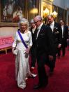 <p>For the banquet in honor of Trump's state visit to the U.K., the Duchess of Cornwall chose a cream embroidered evening gown by Bruce Oldfield. She paired the dress with the diamond boucheron tiara, a pearl and rose topaz choker, diamond earrings, and the Royal Victorian Order, and the Royal family Order. </p>