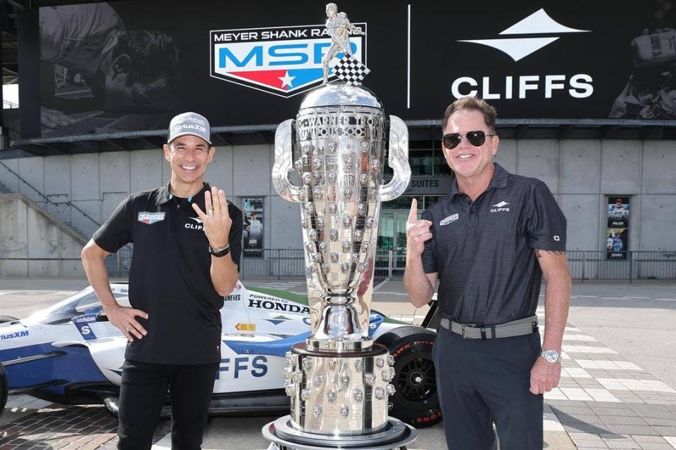 Helio Castroneves unveiled his Indianapolis 500 livery Monday at the Indianapolis Motor Speedway as he prepares to begin his new role this year as a minority owner in Meyer Shank Racing and a 500-only driver.