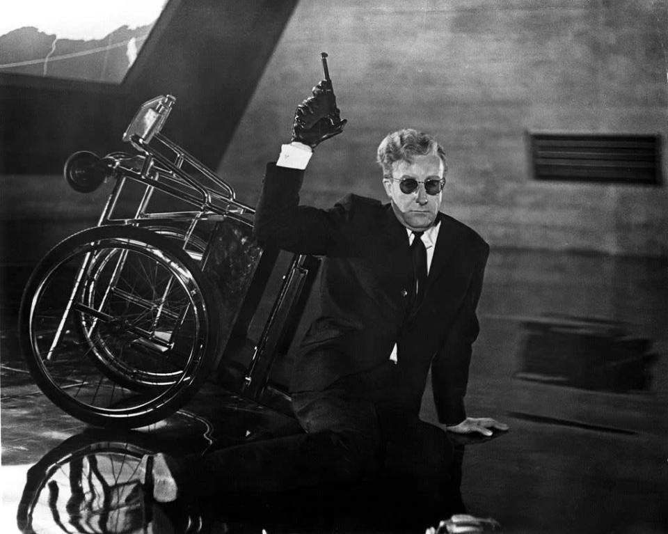 <a href="http://movies.yahoo.com/movie/dr-strangelove/" data-ylk="slk:DR. STRANGELOVE;elm:context_link;itc:0;sec:content-canvas" class="link ">DR. STRANGELOVE </a>(1964) <br>Directed by: Stanley Kubrick <br>Starring: Peter Sellers and George C. Scott<br>