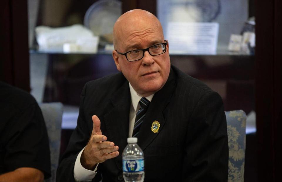 Dr. Orlando Gutiérrez-Boronat speaks during a roundtable discussion between elected officials and Cuban activists about political prisoners at Assault Bridge 2506 Museum on Monday, July 10, 2023 in Hialeah Gardens, Fla.