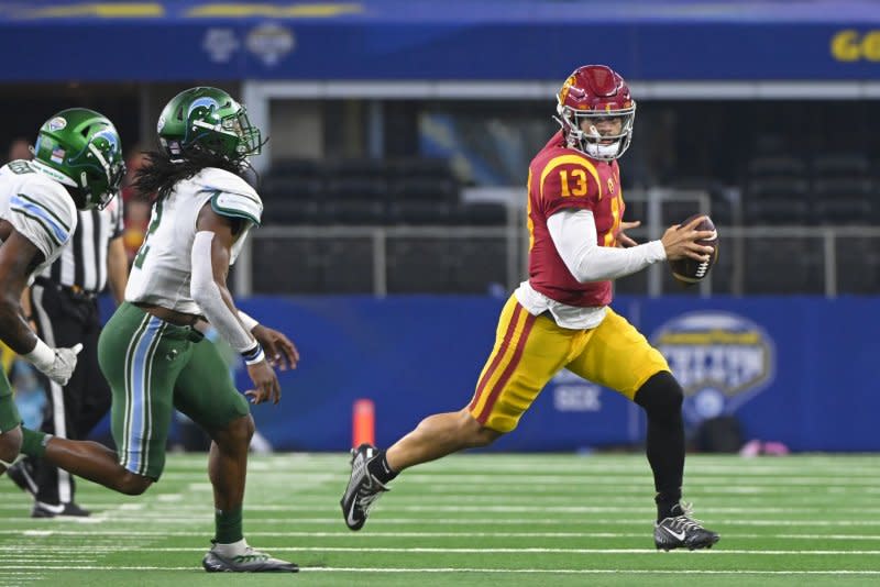 The USC Trojans earned a spot in the 2023 Holiday Bowl, but will play without star quarterback Caleb Williams (R), who is expected to be an early pick in the 2024 NFL Draft. File Photo by Ian Halperin/UPI