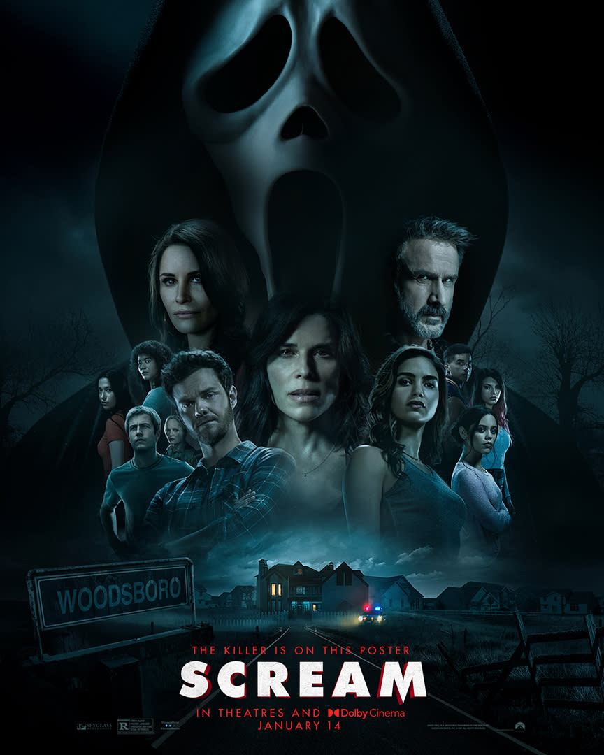 Scream 2022 movie poster with everyone's faces, photo of stu macher's house, woodsboro sign, and script saying the killer is on this poster