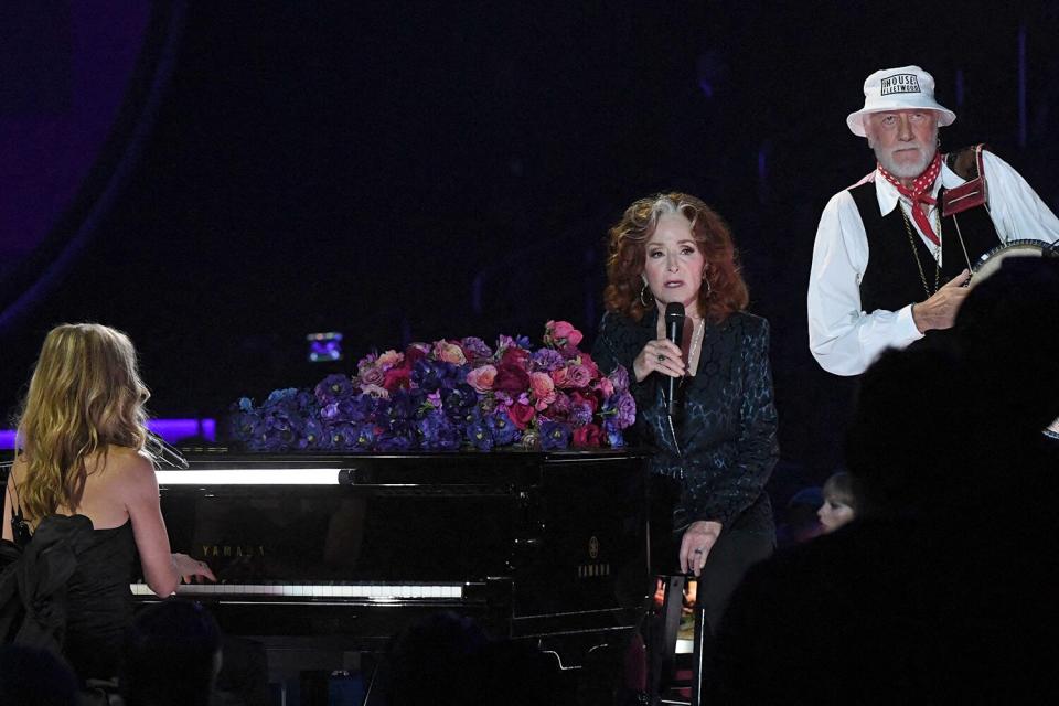 US singer/songwriter Sheryl Crow (L), US singer Bonnie Raitt (C) and British musician Mick Fleetwood perform onstage during the 65th Annual Grammy Awards at the Crypto.com Arena in Los Angeles on February 5, 2023.