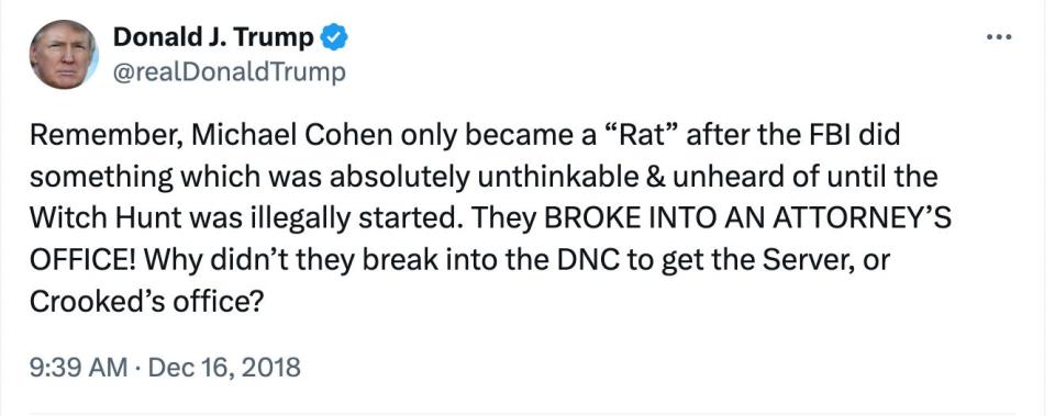 A screenshot of a Donald Trump tweet calling Michael Cohen "a 'rat'"