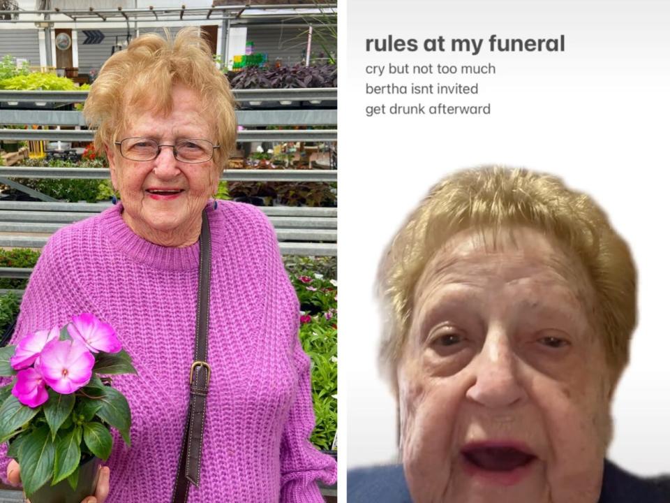A picture of Lilian Droniak holding a flower pot, another picture of Lilian Droniak doing a peace sign, and a screenshot from Lillian Droniak's TikTok.
