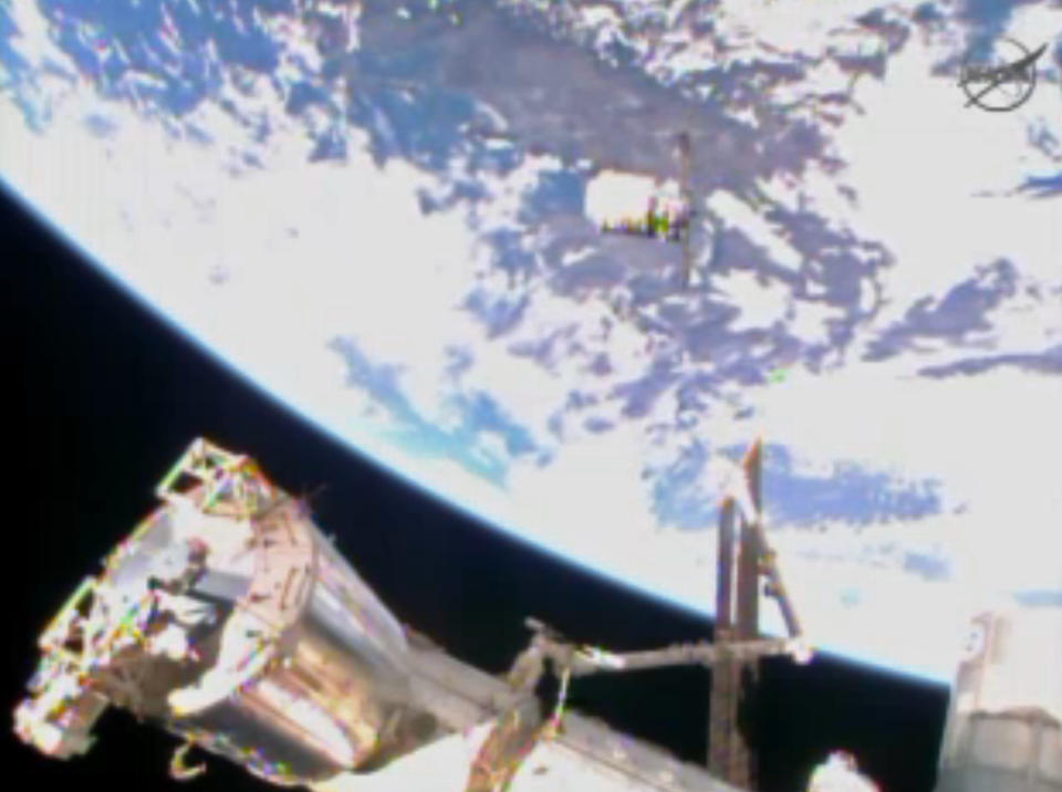 In this image from video provided by NASA the Cygnus resupply spacecraft approaches the International Space Station early Sunday Jan. 12, 2013. The spacecraft is expected to arrive on the station later this morning. It is packed with 3,000 pounds of equipment and experiments provided by NASA, as well as food and even some ants for an educational project. Christmas presents also are on board for the six space station residents; the delivery is a month late. (AP Photo/NASA)