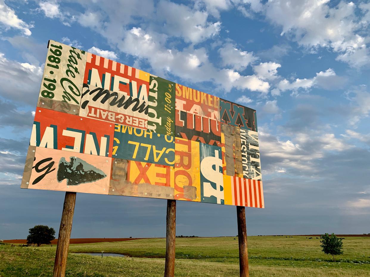 Corey Fuller, chair of Art and Design, Ruth Jay Odom Professor of Fine Arts and professor of graphic design, recently completed an art installation titled “Signs” on a billboard along Route 66 in western Oklahoma.