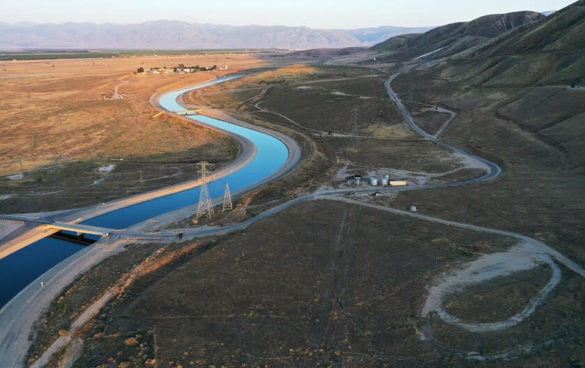 BAKERSFIELD, CALIFORNIA - APRIL 21: An aerial view of the California Aqueduct, which moves water from northern California to the state's drier south, on April 21, 2021 near Bakersfield, California. California Gov. Gavin Newsom today declared a drought emergency in two counties following a winter with little precipitation. The order will allow the state to more quickly prepare for anticipated water shortages. Earth Day is April 22. (Photo by Mario Tama/Getty Images)