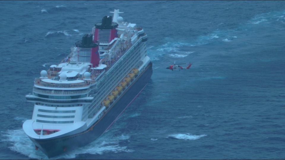 A Coast Guard MH-60T Jayhawk helicopter aircrew from Air Station Borinquen worked with the Disney Fantasy cruise ship crew during the medevac a pregnant woman passenger with health complications, April 15, 2024, approximately 180 miles northwest Puerto Rico. The medevac patient was a 35-year-old, U.S. citizen, who was transported to the ‘Centro Medico’ Hospital in San Juan, Puerto Rico to receive higher level of medical care.