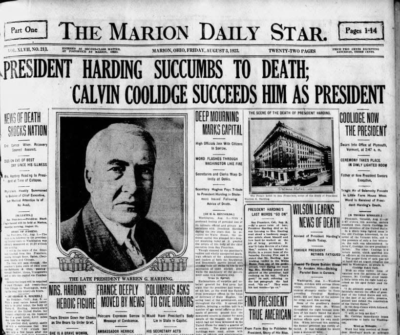 Headlines like this were splashed across the front pages of newspapers all across the United States on Aug. 3, 1923, following the death of President Warren G. Harding on Aug. 2, 1923, in San Francisco, California. Harding was 57 years old when he died.
