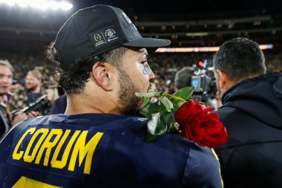 Michigan running back Blake Corum (2) celebrates a 27-20 Rose Bowl win over Alabama at the 2024 Rose Bowl in Pasadena, Calif., on Monday, Jan. 1, 2024.