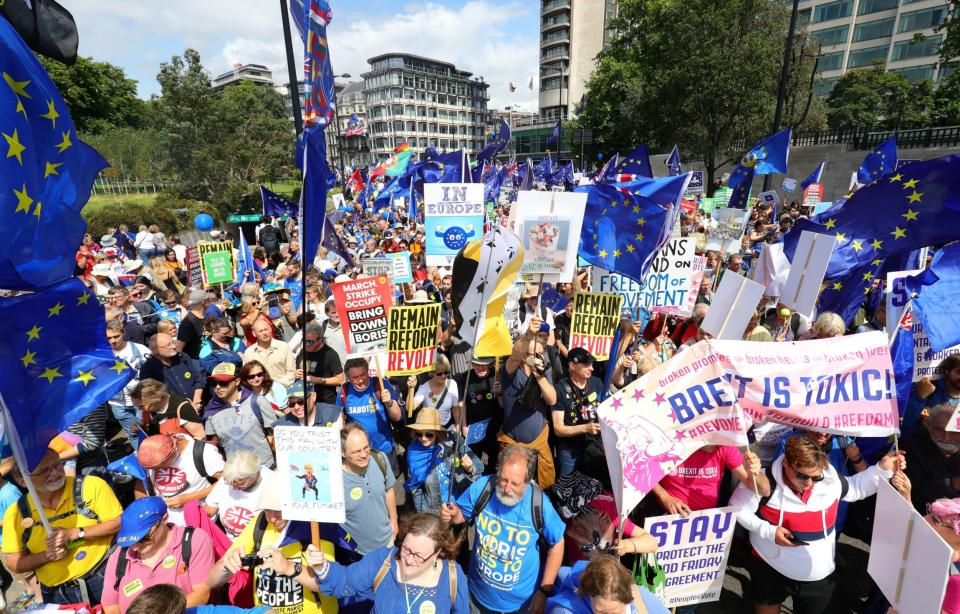 Thousands of pro-EU demonstrators took part in the anti-Brexit March for Change today, turning Park Lane into a sea of blue flags.Campaigners marched from Park Lane to Parliament Square brandishing placards with slogans such as “let’s stay with EU” and “b*****ks to Brexit.”Many of those attending proposed revoking Article 50, while many called upon the Government to “stop the Brexit mess.”Attendees included Lib Dem leadership candidate Sir Ed Davey, Labour MEP Rory Palmer, and Green Party deputy leader Amelia Womack.Organisers also flew a giant Boris Johnson blimp over Parliament Square, similar to the effigy of Donald Trump which has been used in the past.The massive inflatable depicted Mr Johnson wearing a t-shirt with a bus which said £350 million, and trousers which had hearts and the name Nigel.A nine-foot tall Nigel Farage model was also on show, holding puppets of the Tory leadership candidates with the slogan “Boris and Hunt and Farage’s puppets.”