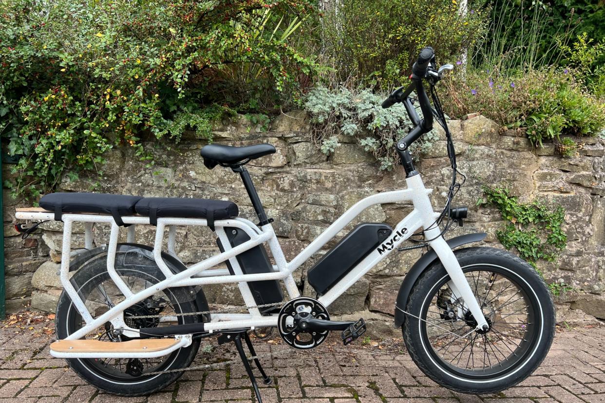  This image shows the Mycle Cargo Electric bike in full with a stone wall and greenery in the background 