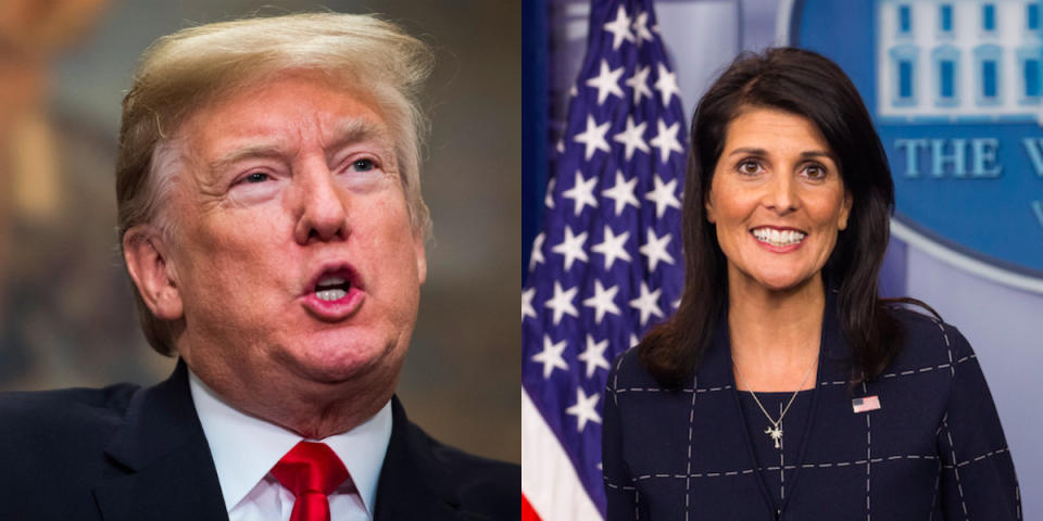 &ldquo;I think any woman who has felt violated or felt mistreated in any way -- they have every right to speak up," U.S. Ambassador to the United Nations Nikki Haley said when asked about women accusing President Donald Trump of sexual misconduct. (Photo: HuffPost)