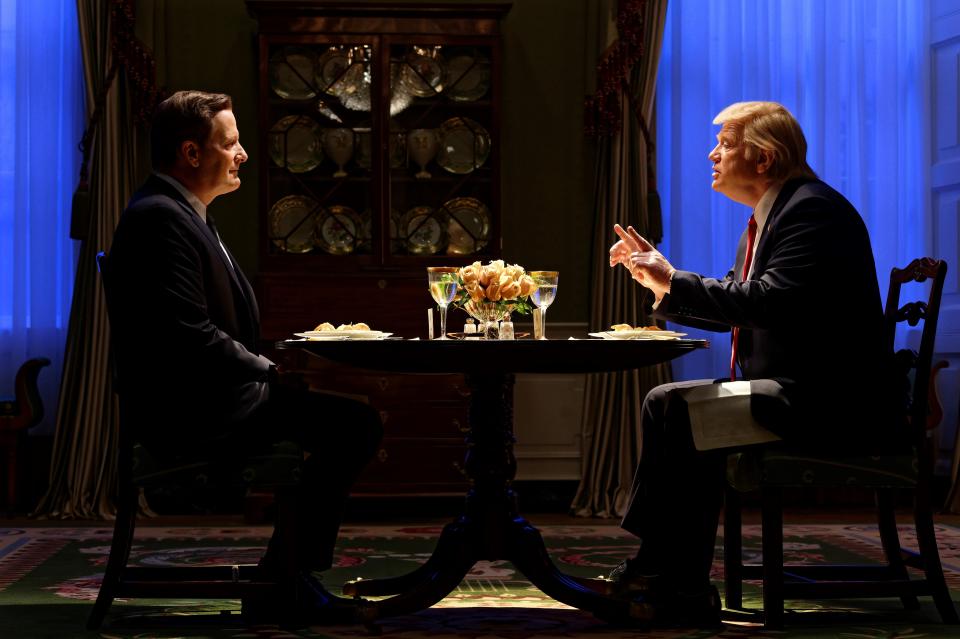 FBI Director James Comey (Jeff Daniels), left, and President Donald Trump (Brendan Gleeson) meet for the famous 'loyalty dinner' in 'The Comey Rule,' a Showtime miniseries.