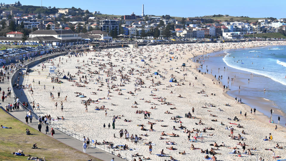 Crowds are seen at Bondi Beach as warm weather returns to the east coast of Australia in Sydney on August 30