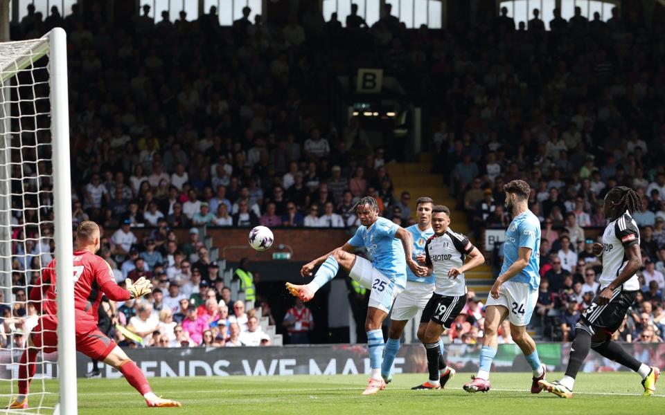 Manchester City's Swiss defender Manuel Akanji misses a chance