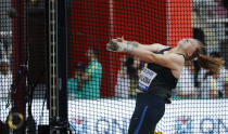 Sofiya Palkina, competing as a neutral athlete, competes during the women's hammer throw qualifying round at the World Athletics Championships in Doha, Qatar, Friday, Sept. 27, 2019. (AP Photo/Hassan Ammar)