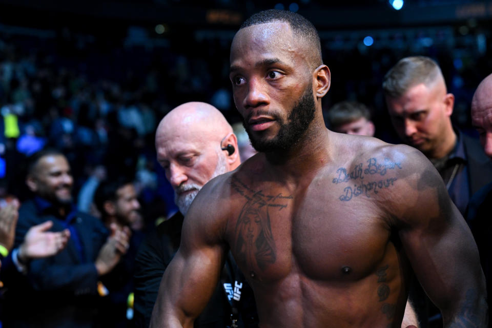 Mar 18, 2023; London, UNITED KINGDOM; Leon Edwards walks to the Octagon to fight Kamaru Usman (not pictured) during UFC 286 at O2 Arena. Mandatory Credit: Per Haljestam-USA TODAY Sports