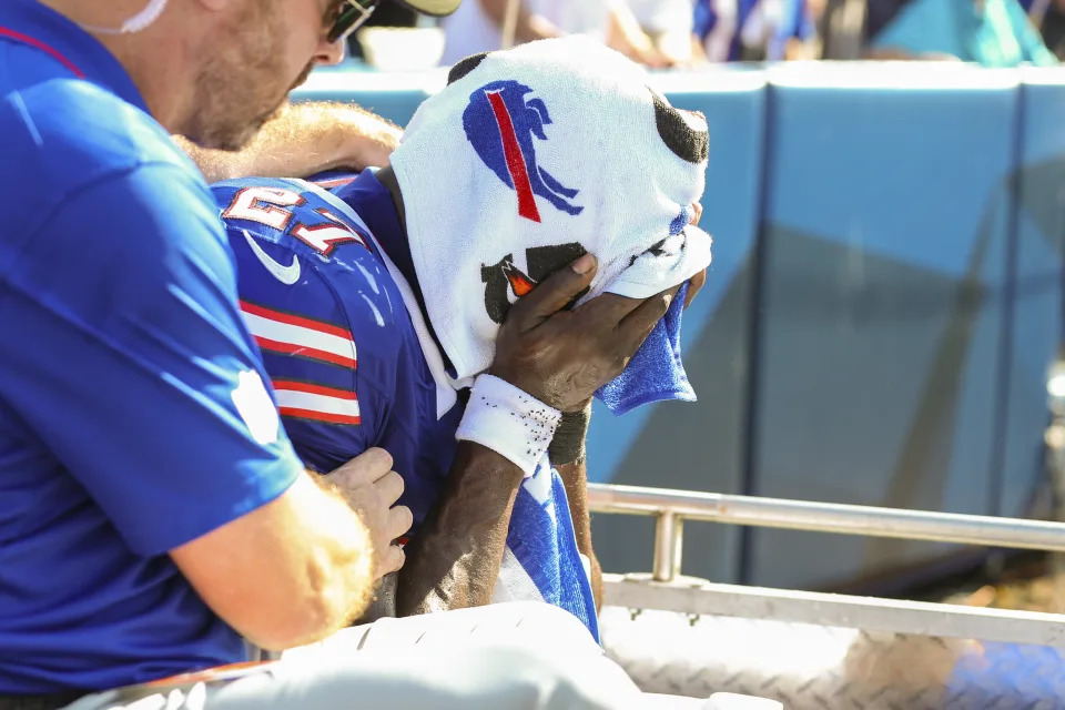 Buffalo Bills cornerback Tre'Davious White (27) reacts as he is driven from the field during an injury time-out during an NFL football game against the Miami Dolphins, Sunday, Oct. 1, 2023, in Orchard Park, N.Y. (AP Photo/Gary McCullough)