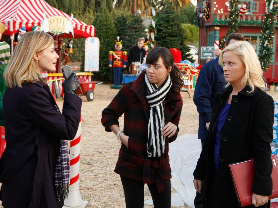 Aubrey Plaza (centre) as the sardonic April Ludgate in Parks and RecreationNBC Universal Inc