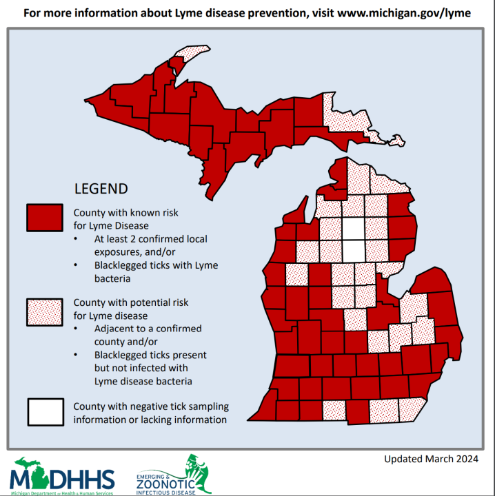 Tick distribution in Michigan. Courtesy MDHHS.