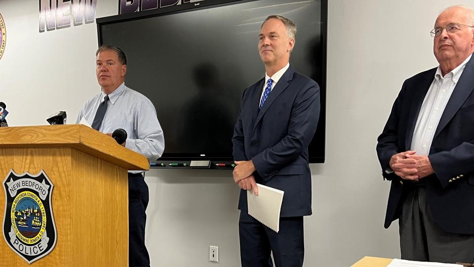 From left, Chief Paul Oliveira, Mayor Jon Mitchell, and consultant Robert Wasserman discuss the report on police procedure during a press conference.