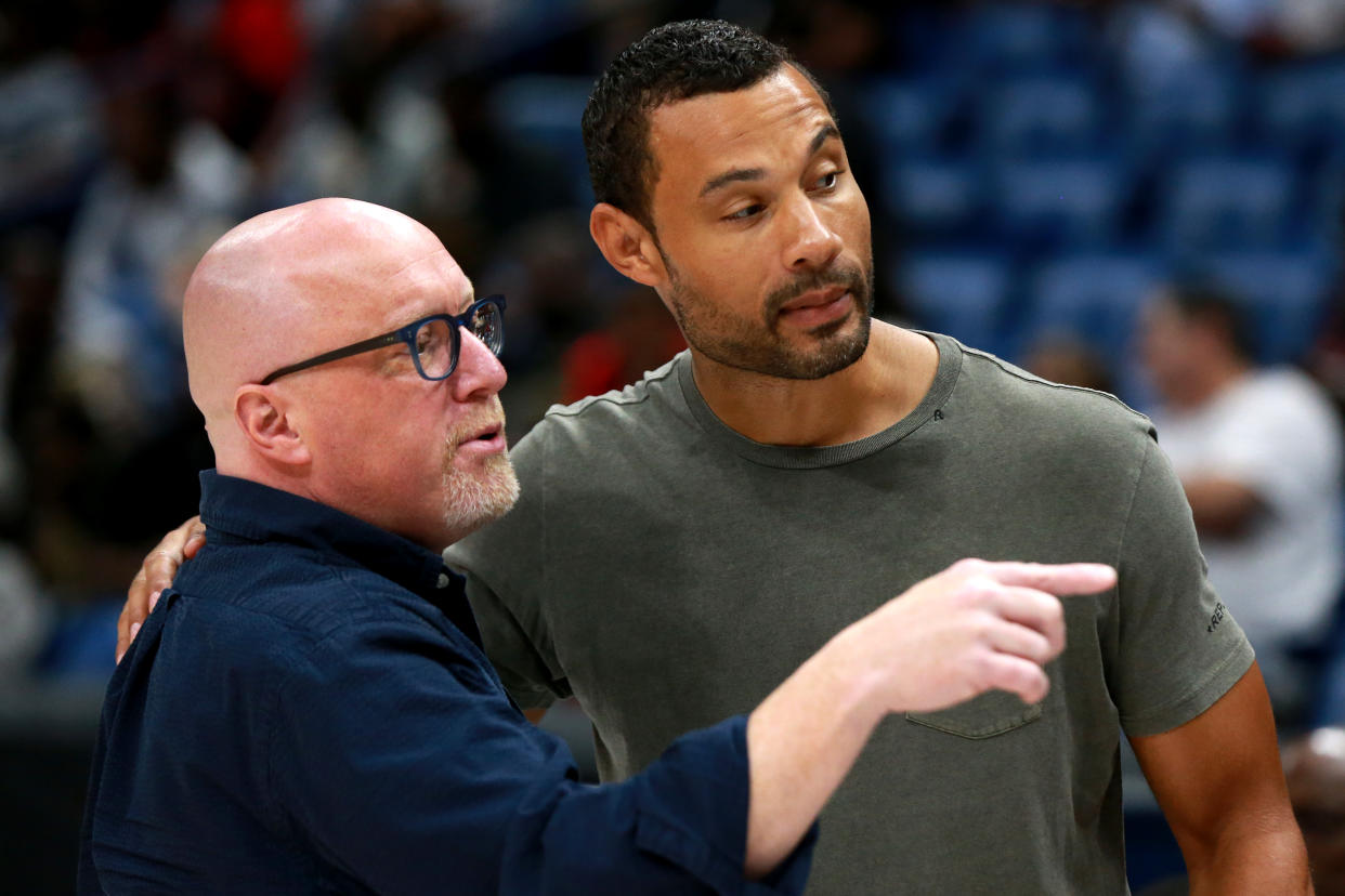 NEW ORLEANS, LOUISIANA - AUGUST 25: Executive VP of Basketball Operations for the Pelicans David Griffin talks with Pelicans General Manager Trajan Langdon during the BIG3 Playoffs at Smoothie King Center on August 25, 2019 in New Orleans, Louisiana. (Photo by Sean Gardner/BIG3 via Getty Images)