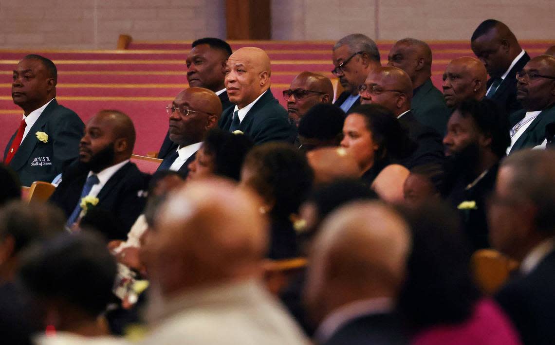 Former Mississippi Valley State University football players attend the funeral of Archie Cooley Jr.on Friday, April 26, 2024, at Genesis United Methodist Church in Fort Worth. During his career at Mississippi Valley State University Cooley coached numerous standouts, including Jerry Rice.