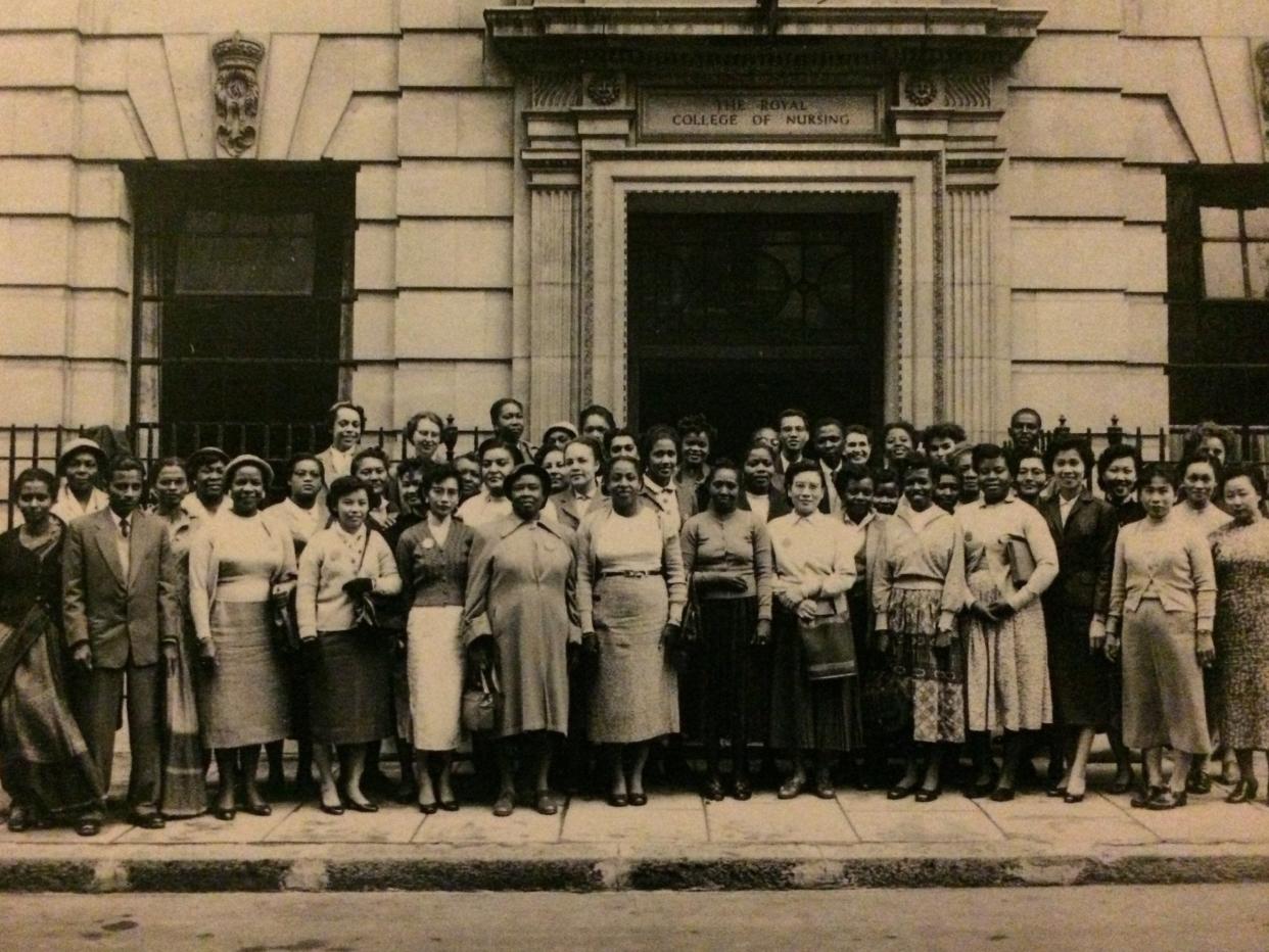 The Windrush generation of international school students outside the Royal College of Nursing College entrance, 1957: Royal College of Nursing