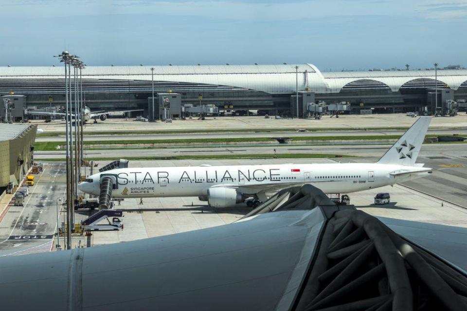 The Singapore Airlines airplane that performed an emergency landing in Bangkok due to severe turbulence is seen at Suvarnabhumi International Airport in Bangkok, Thailand on May 22, 2024.