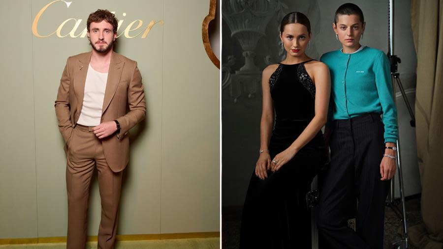 (Left) Paul Mescal attends the Cartier Night of Celebration of the 80<sup>th</sup> International Film Festival of La Biennale di Venezia, while (Right) Maude Apatow and Emma Corrin (on the right) get cozy wearing Cartier jewels at the gala. (Victor Picon © Cartier; Candice Lake © Cartier)