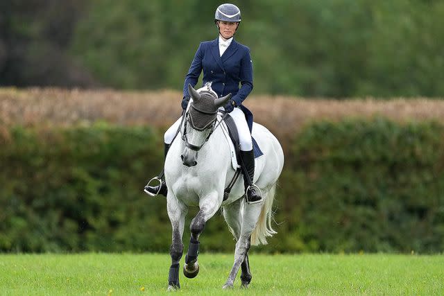 <p>James Whatling / MEGA</p> Zara Tindall competes on Classicals Euro Star on the first day of the Festival of British Eventing at Gatcombe Park.