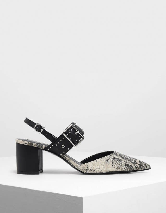 Charles & Keith Snake Print Studded Pointed Slingbacks