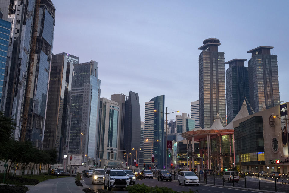 A view of hotels and other buildings at the West Bay area in Doha, Qatar, Thursday, Dec. 9, 2021. Many hotels in Qatar are already fully booked for the soccer World Cup which will be held in November and December 2022. (AP Photo/Darko Bandic)