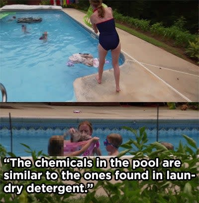 A woman dumping dirty laundry into her swimming pool to clean them