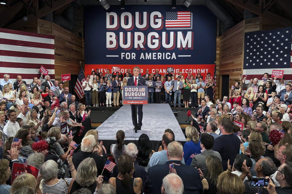 North Dakota Gov. Doug Burgum speaks as he kicks off his campaign for the 2024 Republican presidential nomination, Wednesday, June 7, 2023 in Fargo, N.D. Burgum, 66, joins a long list of contenders hoping to dent former President Donald Trump’s early lead in the race. The governor of the nation's fourth-least populous state announced his candidacy in The Wall Street Journal. (AP Photo/Mark Vancleave)